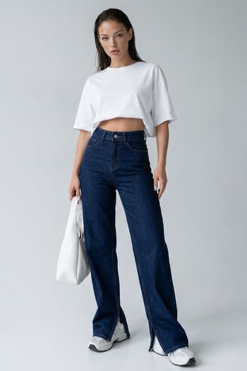 Koyu Mavi Yüksek Bel Paçası Yırtmaçlı Kadın Jean MG1384