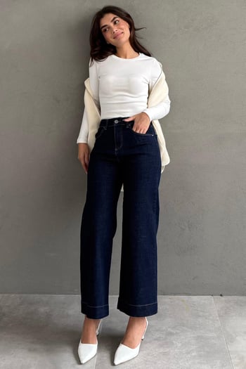 Lacivert Düz Kesim Geniş Paça Kadın Flared Jean MG2630