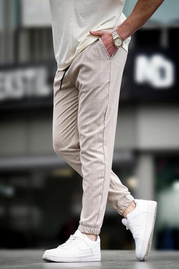 Madmext Cream Checked Trousers Mad4081