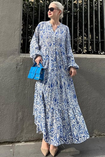 Saks Bilekleri Lastikli Yarım Düğmeli Hakim Yaka Çiçekli Elbise MG2028