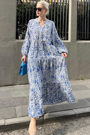 Saks Bilekleri Lastikli Yarım Düğmeli Hakim Yaka Çiçekli Elbise MG2028