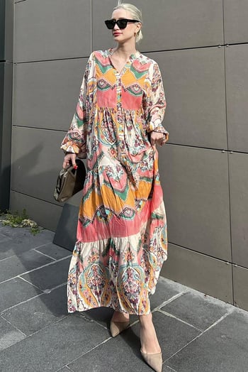 Pembe Bilekleri Lastikli Yarım Düğmeli Hakim Yaka Çiçekli Elbise MG2028