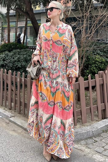 Pembe Bilekleri Lastikli Yarım Düğmeli Hakim Yaka Çiçekli Elbise MG2028