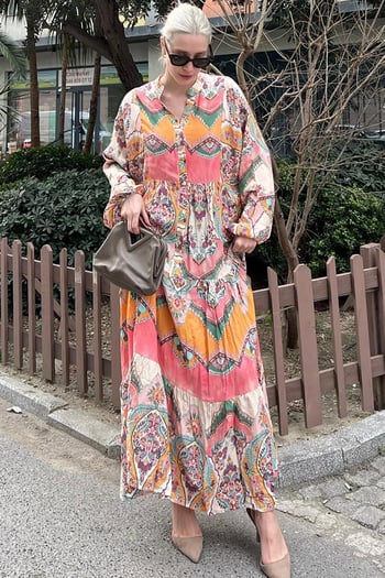 Pembe Bilekleri Lastikli Yarım Düğmeli Hakim Yaka Çiçekli Elbise MG2028