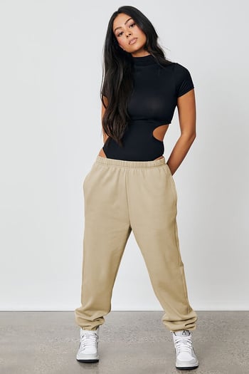 Kadın Bej Beli Lastikli Oversize Eşofman Altı MG1235