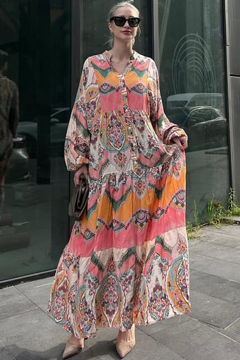 Pembe Bilekleri Lastikli Yarım Düğmeli Hakim Yaka Çiçekli Elbise MG2028