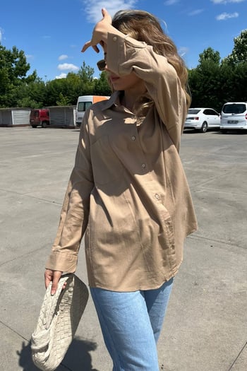 Kahverengi Oversize Basic Cepli Poplin Gömlek MG1530