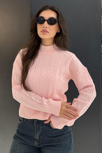 Pembe Yarım Balıkçı Yaka Örgülü Triko Kadın Kazak MG2257