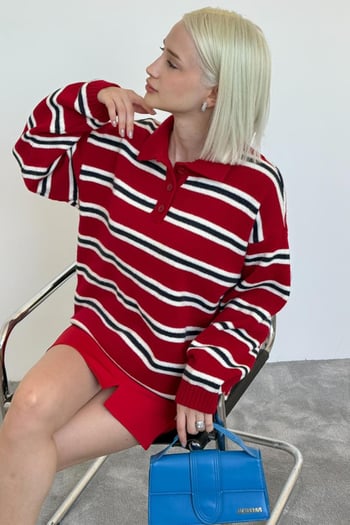 Kırmızı Polo Yaka Çizgili Kadın Triko Kazak Mg2469