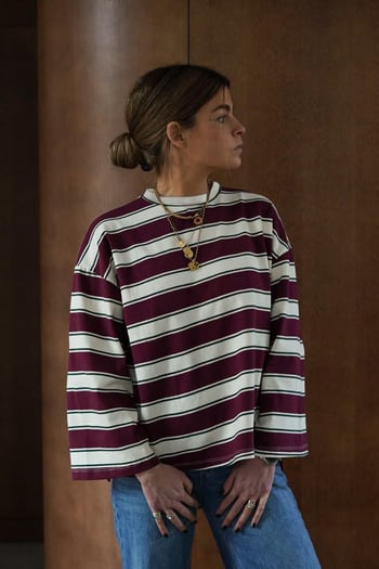 Bordo Bisiklet Yaka %100 Pamuklu Çizgili Kadın Kazak Mg2362