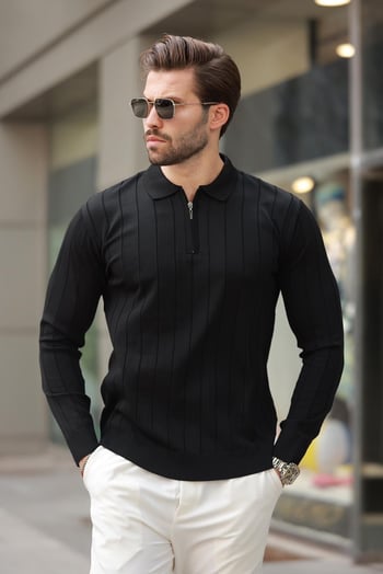 Siyah Polo Yaka Fermuarlı Örme Kazak 7242