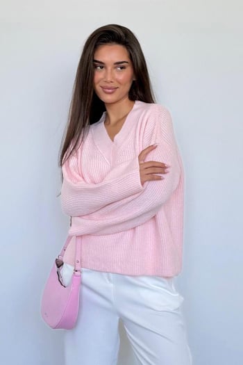 Pembe V Yaka Triko Kadın Kazak Mg2501
