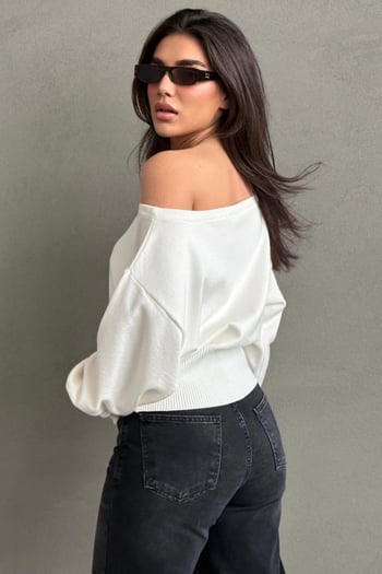 Ekru Ribbed Asimetrik Kesimli Kadın Kazak MG2744