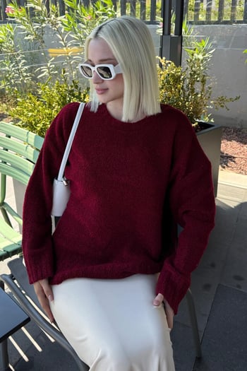 Bordo Bisiklet Yaka Kadın Buklet Kazak Mg2480
