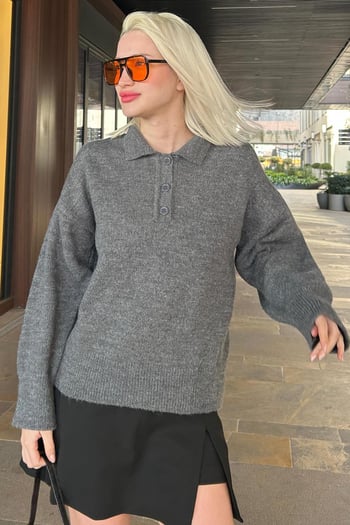 Antrasit Düğmeli Polo Yaka Kadın Kazak Mg2307