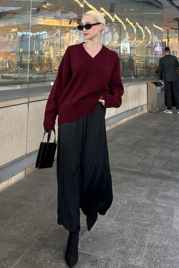 Koyu Bordo V Yaka Oversize Kadın Triko Kazak MG2149