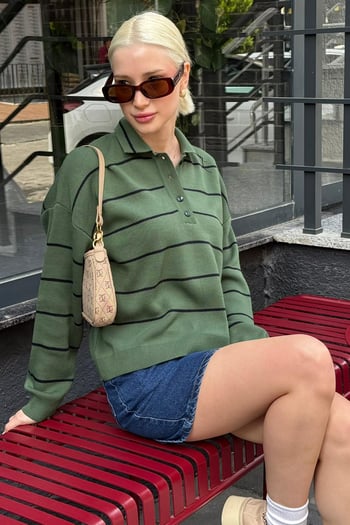 Melanj Yeşili Çizgili Polo Yaka Kadın Triko Kazak MG2470