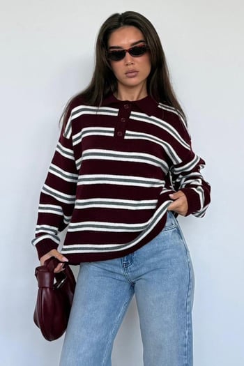 Bordo Polo Yaka Çizgili Kadın Triko Kazak Mg2469