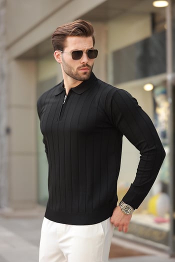 Siyah Polo Yaka Fermuarlı Örme Kazak 7242