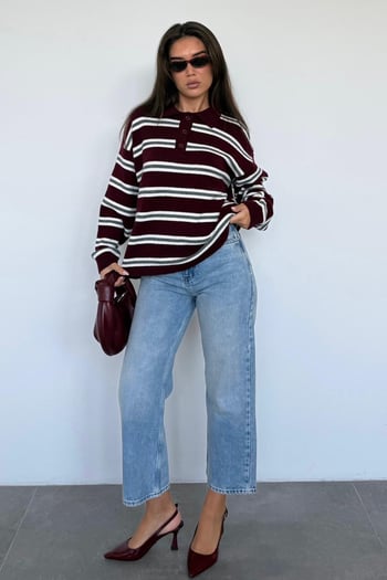 Bordo Polo Yaka Çizgili Kadın Triko Kazak Mg2469