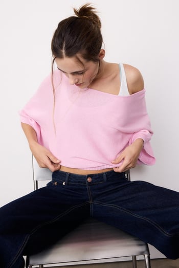 Pembe Geniş Yaka Çift Katlı Triko Kazak Mg2780