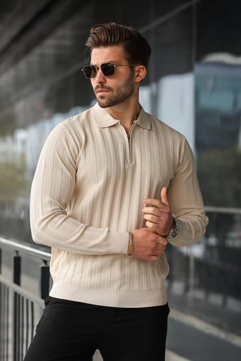 Taş Rengi Yarım Fermuarlı Polo Yaka Triko Kazak E7426