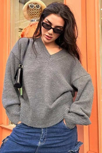 Antrasit V Yaka Oversize Kadın Triko Kazak MG2149