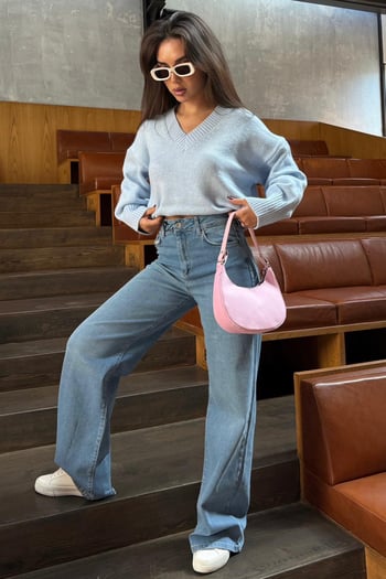 Bebe Mavisi V Yaka Oversize Kadın Triko Kazak MG2149