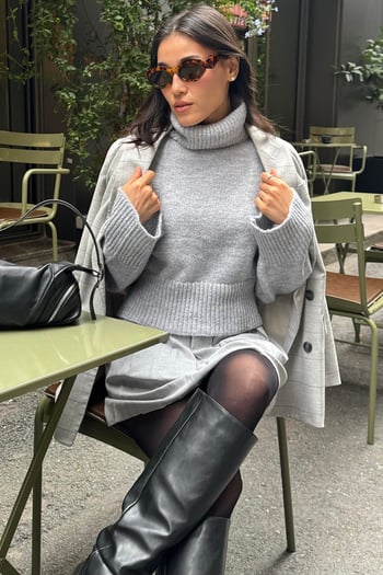 Gri Boğazlı Kadın Triko Kazak MG2255