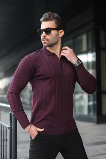 Bordo Polo Yaka Fermuarlı Örme Kazak 7242