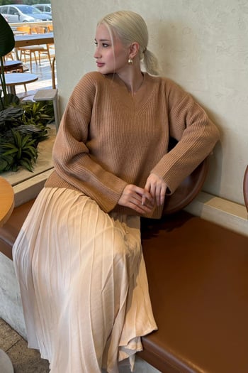 Camel V Yaka Triko Kadın Kazak Mg2501