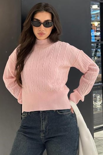 Pembe Yarım Balıkçı Yaka Örgülü Triko Kadın Kazak MG2257