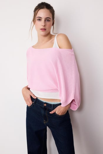 Pembe Geniş Yaka Çift Katlı Triko Kazak Mg2780