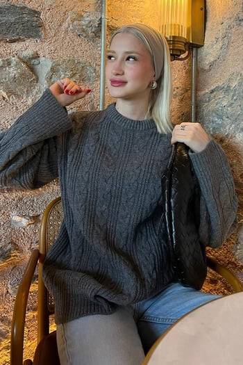Antrasit Bisiklet Yaka Örme Triko Kazak MG2009