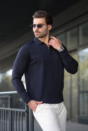 Lacivert Polo Yaka Fermuarlı Erkek Kazak E7427