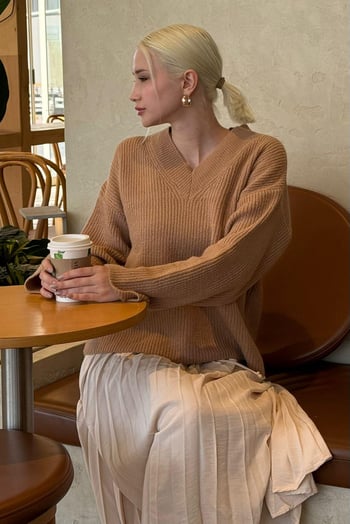 Camel V Yaka Triko Kadın Kazak Mg2501