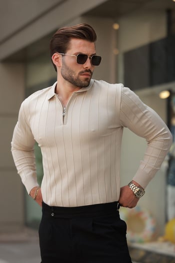 Bej Polo Yaka Fermuarlı Örme Kazak 7242