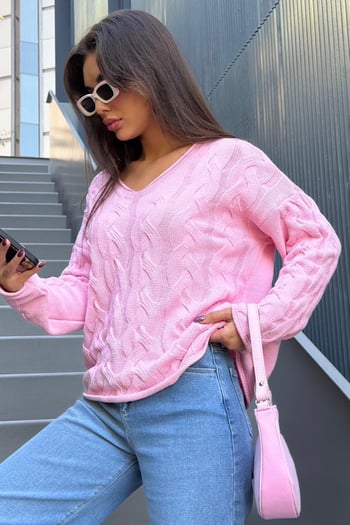 Pembe V Yaka Örgü Desen Oversize Kadın Kazak Mg2519