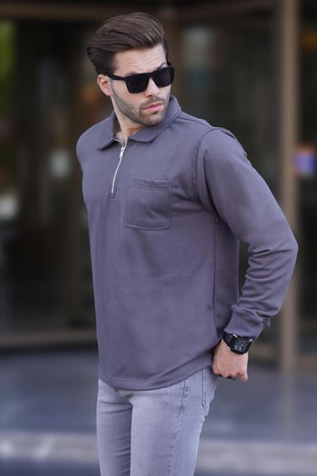 Füme Polo Yaka Fermuarlı Uzun Kollu Erkek Sweatshirt 7057