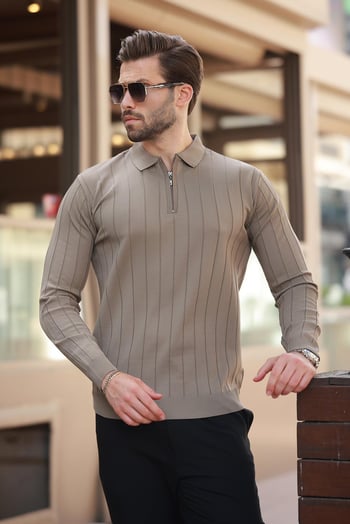 Açık Kahverengi  Polo Yaka Fermuarlı Örme Kazak 7242