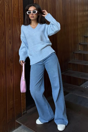 Bebe Mavisi V Yaka Oversize Kadın Triko Kazak MG2149