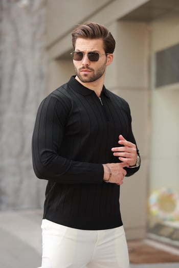 Siyah Polo Yaka Fermuarlı Örme Kazak 7242