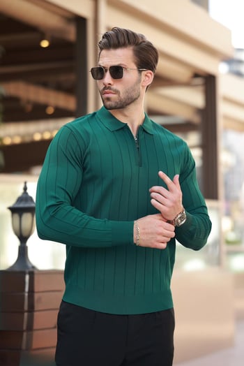 Yeşil Polo Yaka Fermuarlı Örme Kazak 7242