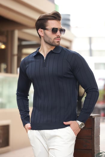 Lacivert Polo Yaka Fermuarlı Örme Kazak 7242
