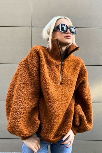 Kiremit Peluş Fermuar Yaka Sweatshirt MG1413