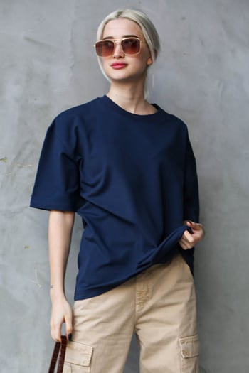 Lacivert Bisiklet Yaka Basic Oversize T-shirt MG1687
