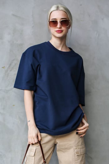 Lacivert Bisiklet Yaka Basic Oversize T-shirt MG1687