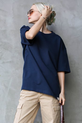 Lacivert Bisiklet Yaka Basic Oversize T-shirt MG1687