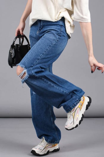 Mad Girls Mavi Yırtıklı Straight Leg Jean Mg1153
