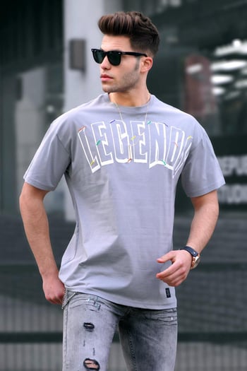 Madmext Baskılı Boyalı Gri Oversize T-Shirt 5393